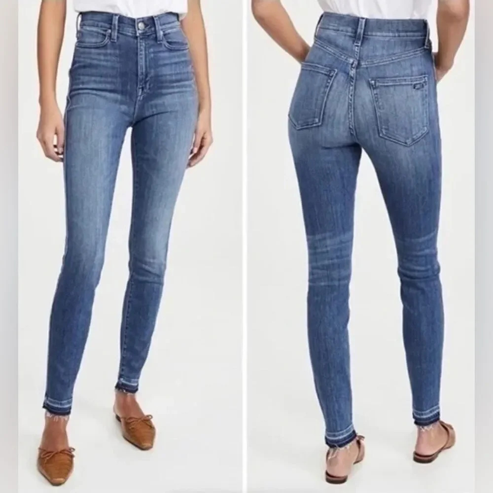 AYR The Riser Skinny Jeans High Rise Stretchy Denim Raw Hem Neon Jupiter